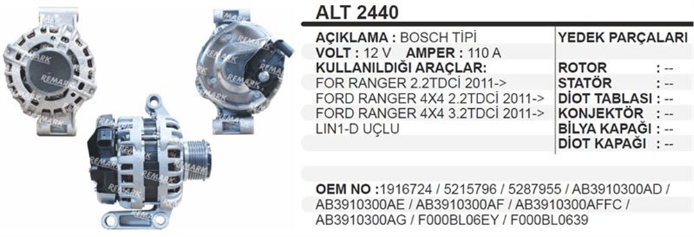Alternatör 12V 110A Ranger 4×4 2.2TDCI 3.22.2TDCI