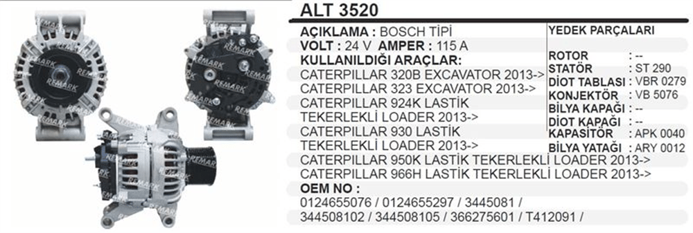Alternatör 12V 115A – Caterpillar 320B 950 930 966H