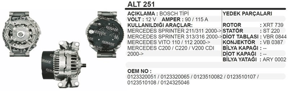 Alternatör 12V 115A – Mercedes Sprinter, Vito 2000+