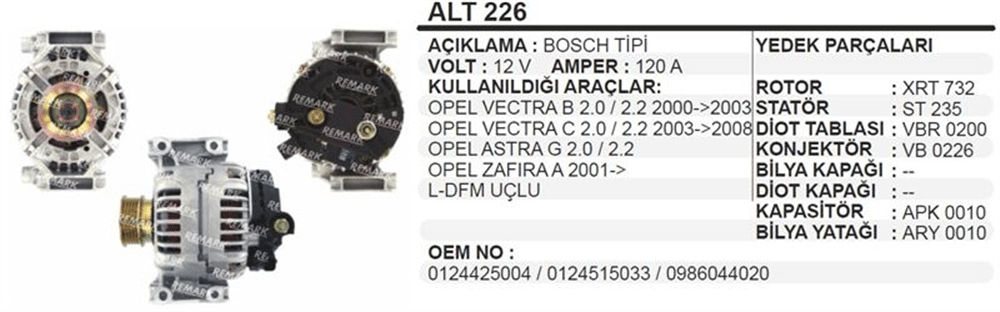 Alternatör 12V 120A 2000+ – Opel Vectra B, Astra