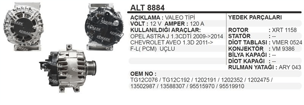 Alternatör 12V 120A 2009+ – Opel Astra J