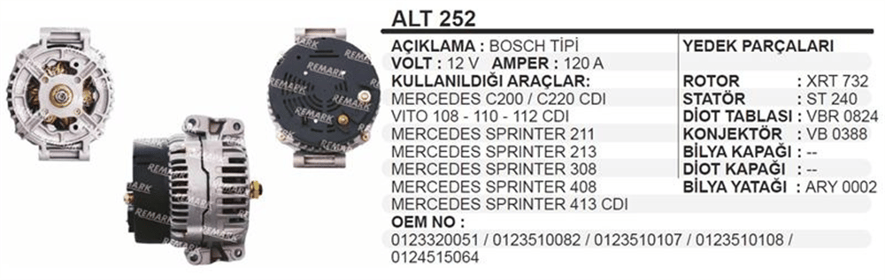 Alternatör 12V 120A C200 C220 – Mercedes Sprinter, Vito
