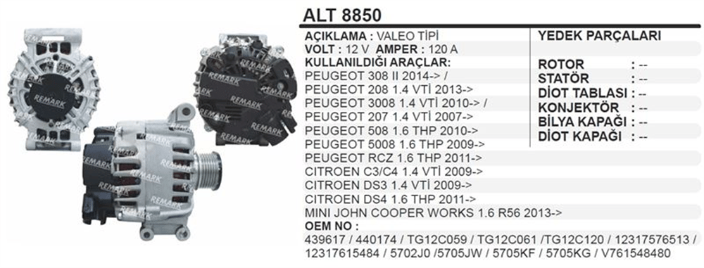 Alternatör 12V 120A C3 C4 – Peugeot 207, 3008