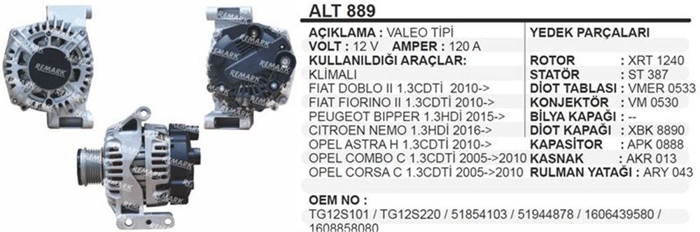 Alternatör 12V 120A Combo CDT – Fiat Doblo