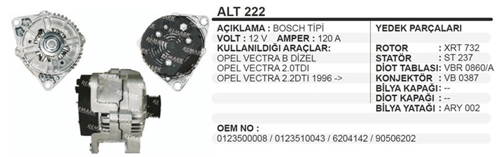 Alternatör 12V 120A Dizel 1996+ – Opel Vectra B