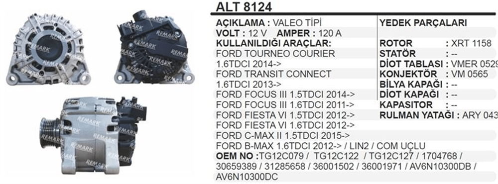 Alternatör 12V 120A – Ford Courier, B-Max, C-Max