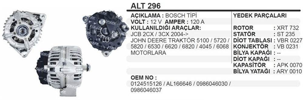 Alternatör 12V 120A – JCB Agco Deutz Johndeere