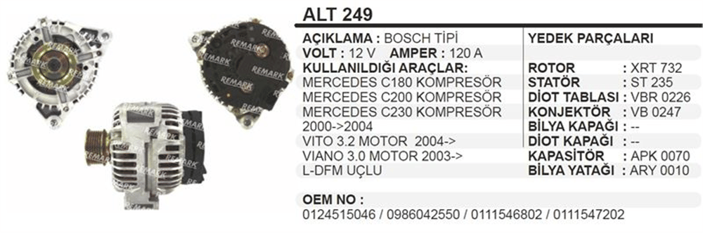 Alternatör 12V 120A – Mercedes 180 200 Compressor