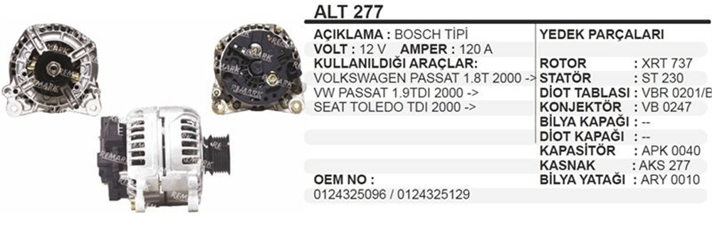 Alternatör 12V 120A – Volkswagen Passat, Seat Toledo 2000+
