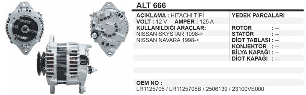 Alternatör 12V 125A Skystar – Nissan Navara