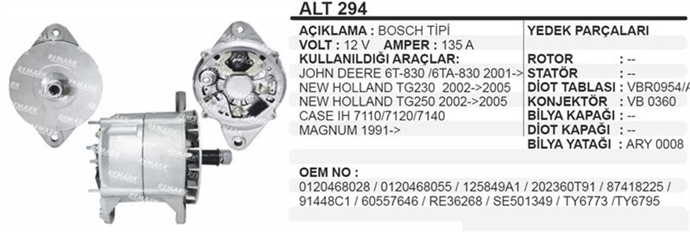 Alternatör 12V 135A – John Deere Newholland Case