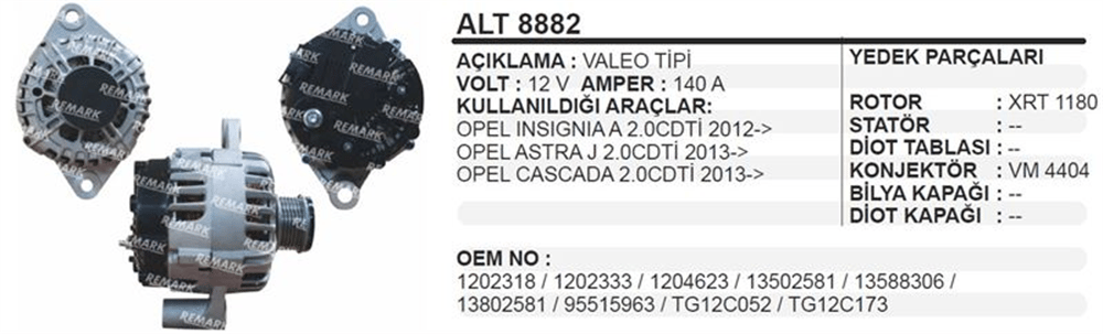 Alternatör 12V 140A FL – Opel Astra J, Insignia 2009+