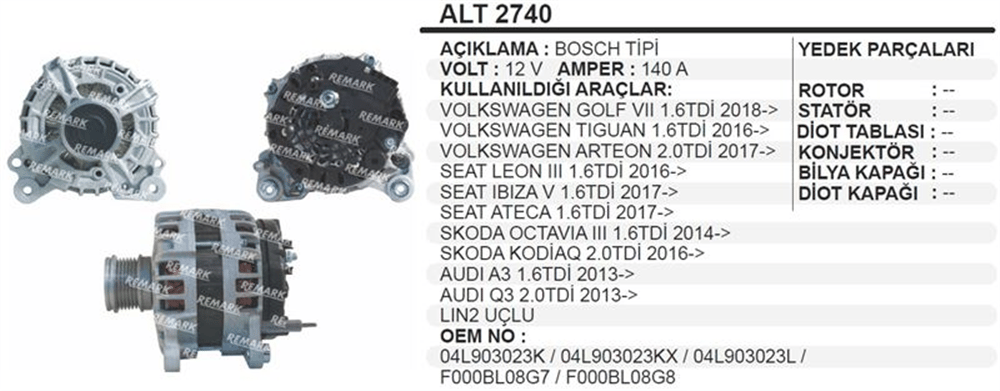 Alternatör 12V 140A LIN 2 – Volkswagen Golf VII, Arteon, Seat Leon 2016+