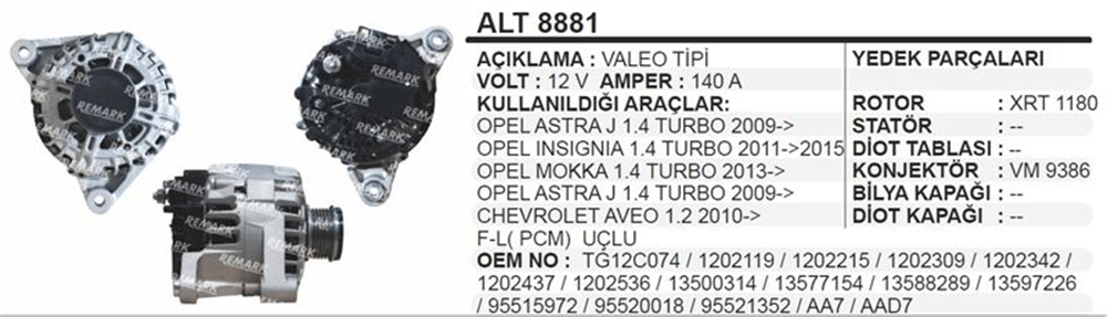 Alternatör 12V 140A – Opel Astra J, Insignia, Mokka vb.