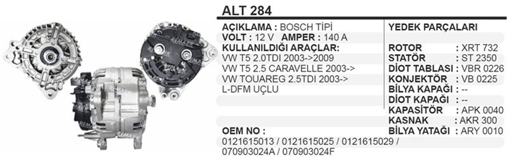 Alternatör 12V 140A T5 2003+ – Volkswagen Transporter