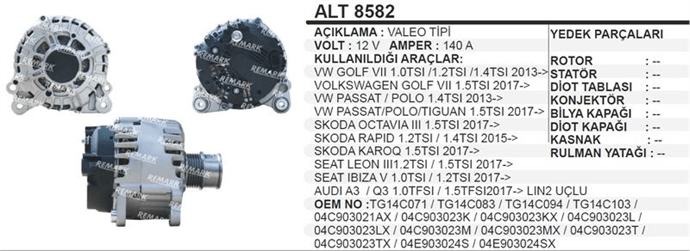 Alternatör 12V 140A – Volkswagen Passat, Polo, Golf VII vb.