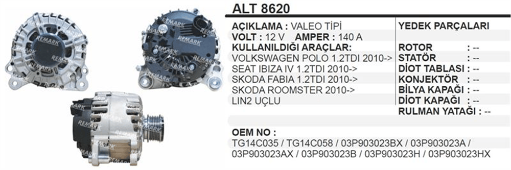 Alternatör 12V 140A – Volkswagen Polo, Seat Ibiza, Skoda Fabia