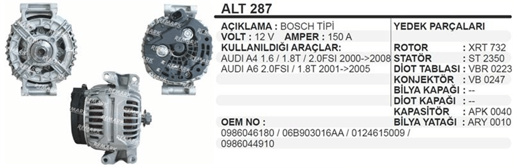 Alternatör 12V 150A 2001-2005 – Audi A4, A6