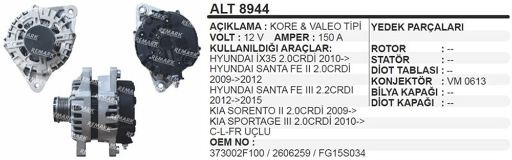 Alternatör 12V 150A 2010+ – Hyundai IX35