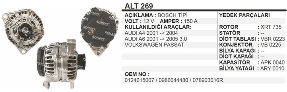 Alternatör 12V 150A 3 Kulak – Volkswagen Passat, Audi A4, A6 2001+