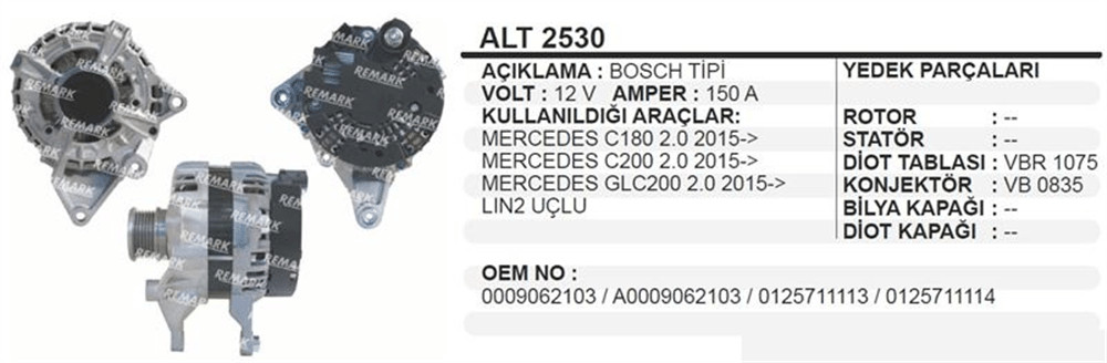 Alternatör 12V 150A Bosch – C180 C200 2015+ LIN2