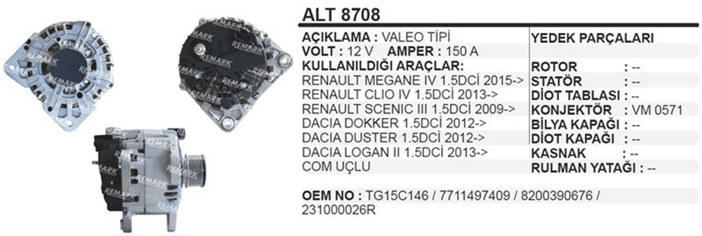 Alternatör 12V 150A Com – Renault Megane III, Dacia Duster