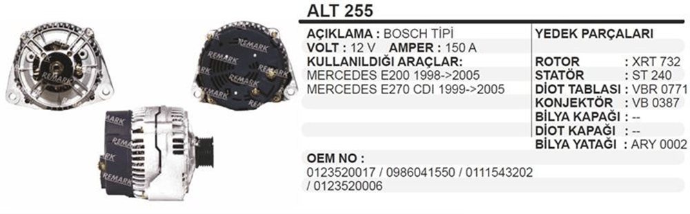 Alternatör 12V 150A E220 1998-2005 – Mercedes Sprinter, Vito