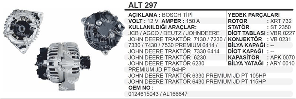 Alternatör 12V 150A – JCB Agco Deutz Johndeere