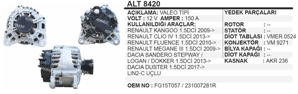 Alternatör 12V 150A Kangooclio 4 – Renault Megane III