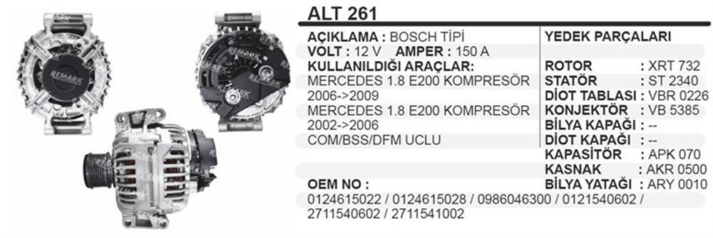 Alternatör 12V 150A Komp. – Mercedes E200, W211 2003-2009