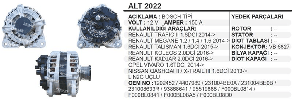Alternatör 12V 150A LIN2C – Renault Trafic, Megane, Talisman