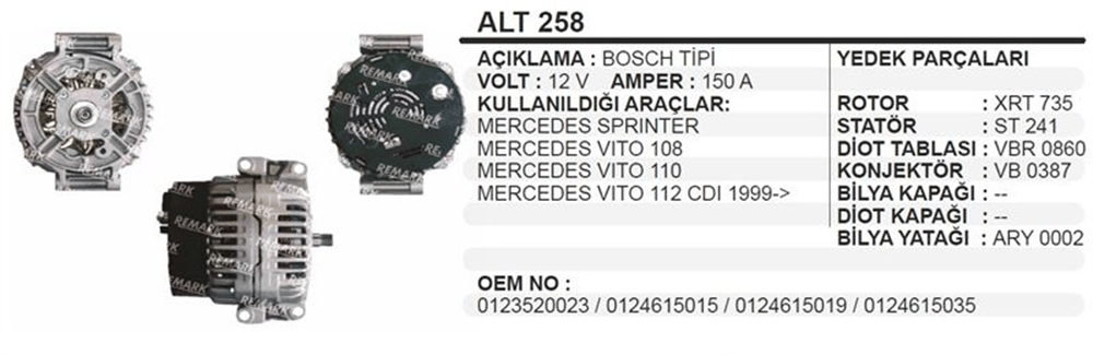 Alternatör 12V 150A – Mercedes Sprinter, Vito 1999+