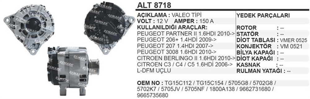 Alternatör 12V 150A Partner 3008 LDFM – Citroen Berlingo