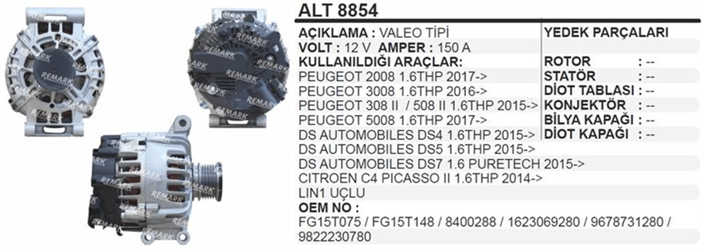 Alternatör 12V 150A – Peugeot 3008,308, Citroen C4