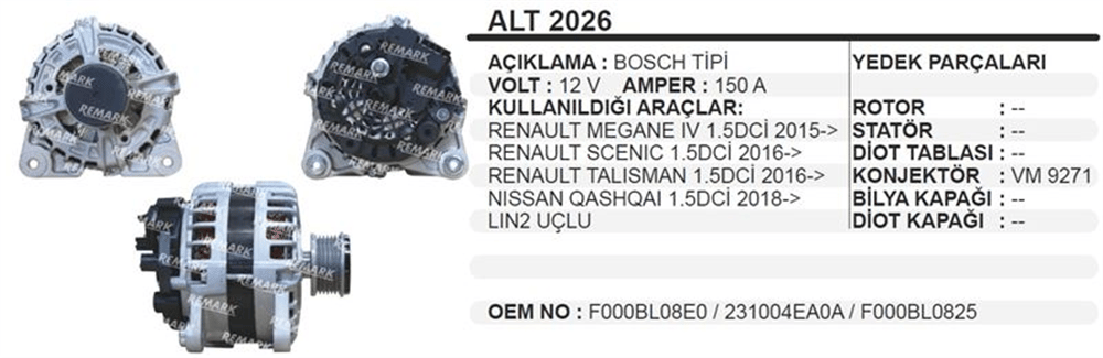 Alternatör 12V 150A – Renault Megane, Scenic, Talisman