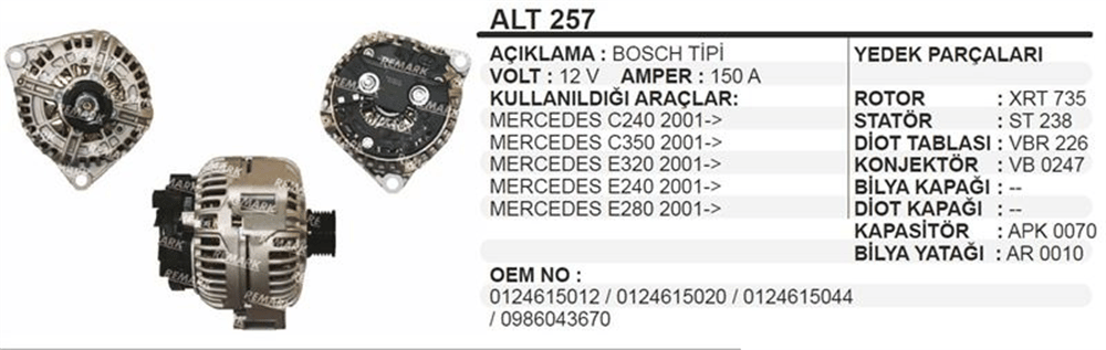 Alternatör 12V 150A Serisi 2001+ – Mercedes C-Serisi (007 0380)