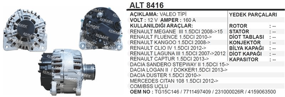 Alternatör 12V 160A – Renault Kangoo, Megane III, Clio IV vb.