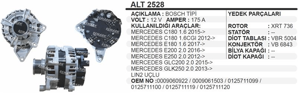 Alternatör 12V 175A Merc – C180 E250 GLC200 GLK250