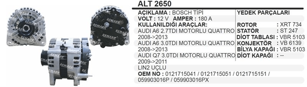 Alternatör 12V 180A – Audi A6, Q7