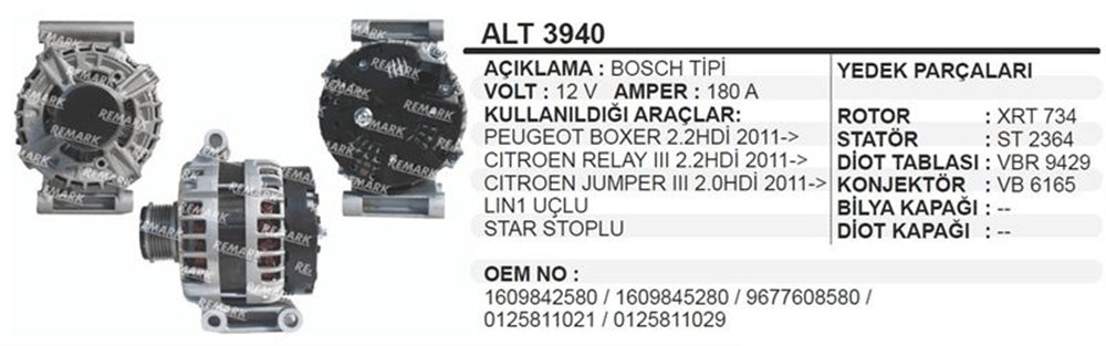 Alternatör 12V 180A Bosch LIN1 – Peugeot Boxer, Citroen Jumper 2011+