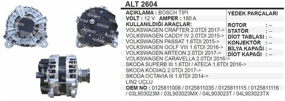 Alternatör 12V 180A Caravele – Volkswagen Crafter, Caddy, Passat