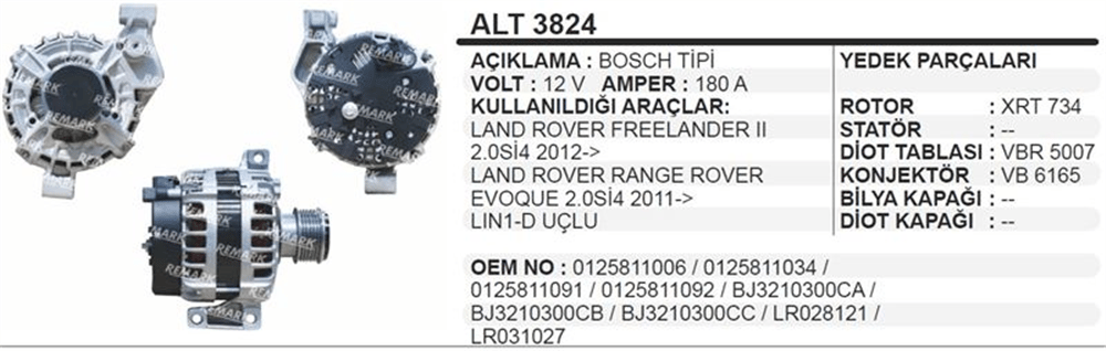 Alternatör 12V 180A Land Rover – Land Rover Freelander, Evoque