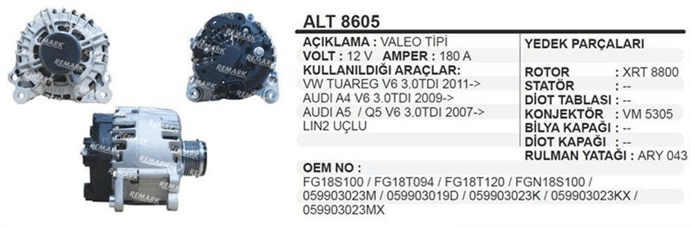 Alternatör 12V 180A LIN2 Uçlu – VW Tuareg Audi A4 A5