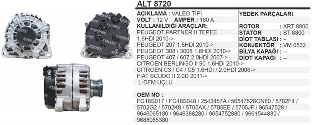 Alternatör 12V 180A Partner Tepee 207,308 – Citroen Berlingo