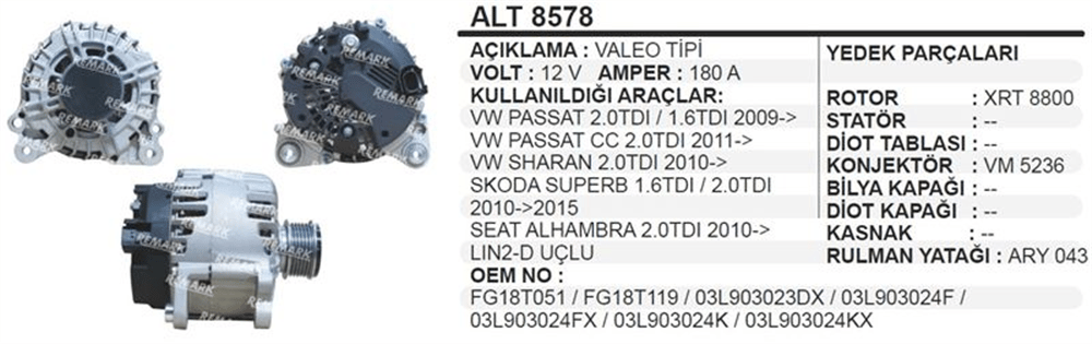 Alternatör 12V 180A – Passat Sharan Skoda Alhambra