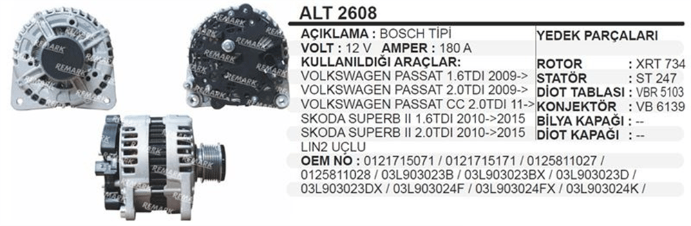 Alternatör 12V 180A Superb 2010+ LIN2 – Volkswagen Passat
