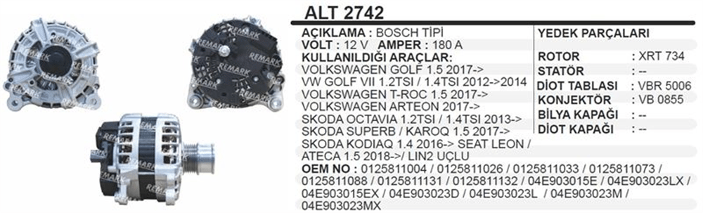 Alternatör 12V 180A – Volkswagen Golf VII, Skoda Octavia, Seat Leon