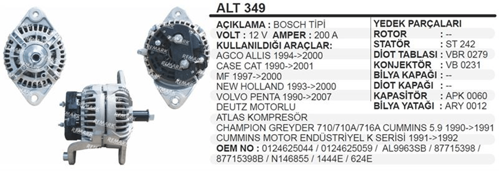 Alternatör 12V 200A – JCB New Holland Deutz