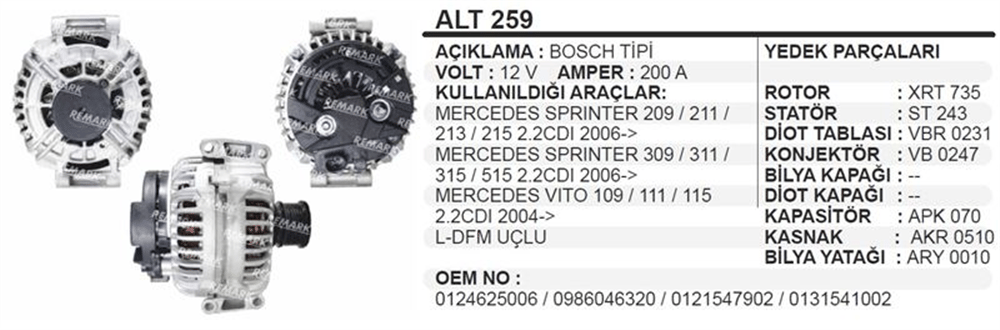 Alternatör 12V 200A – Mercedes Sprinter 2005+