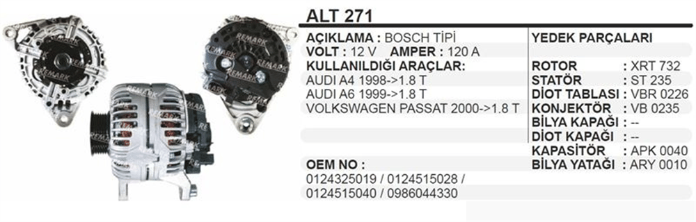 Alternatör 12V 20A 3 Kulak – Volkswagen Passat, Audi A4, A6